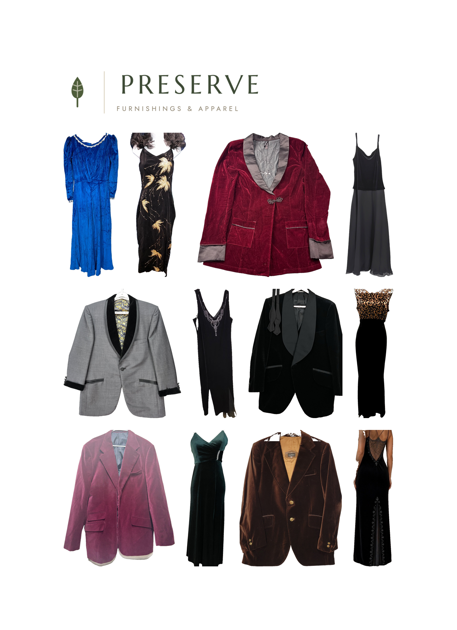 Collage of velvet eveningwear: a blue velvet dress, a black gold-sequin gown, a burgundy velvet smoking jacket, a black velvet maxi dress with sheer hem, a gray wool smoking jacket with velvet lapel, a black rhinestone gown, a black velvet shawl-lapel dinner jacket, a leopard-bodice gown with black velvet skirt, a maroon velvet blazer, a deep emerald velvet gown with rhinestone waist detail, a brown velvet smoking jacket, and a black velvet beaded gown, on white under the Preserve logo.