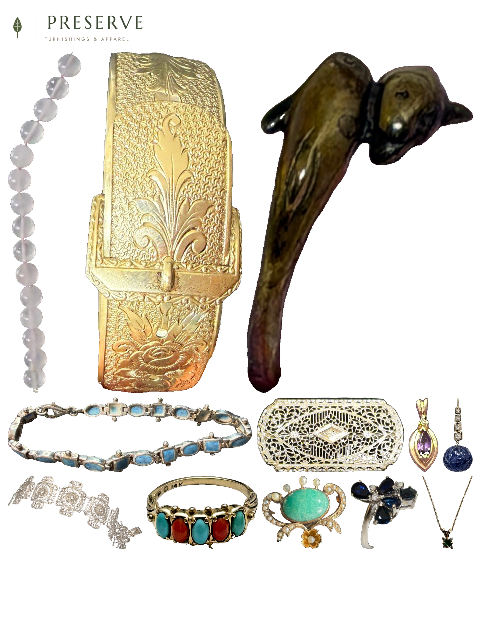 Collage of an antique sapphire and diamond drop earring, a Victorian turquoise and seed pearl brooch, an Art Deco filigree diamond brooch, a gold double dolphin bypass ring, a Hayward sterling silver bangle, a rose quartz and garnet necklace, a sterling silver filigree bracelet, a turquoise and coral ring, a sterling silver sodalite link bracelet, an amethyst and diamond pendant, an emerald and diamond pendant, and a sapphire and diamond ring on a white background.