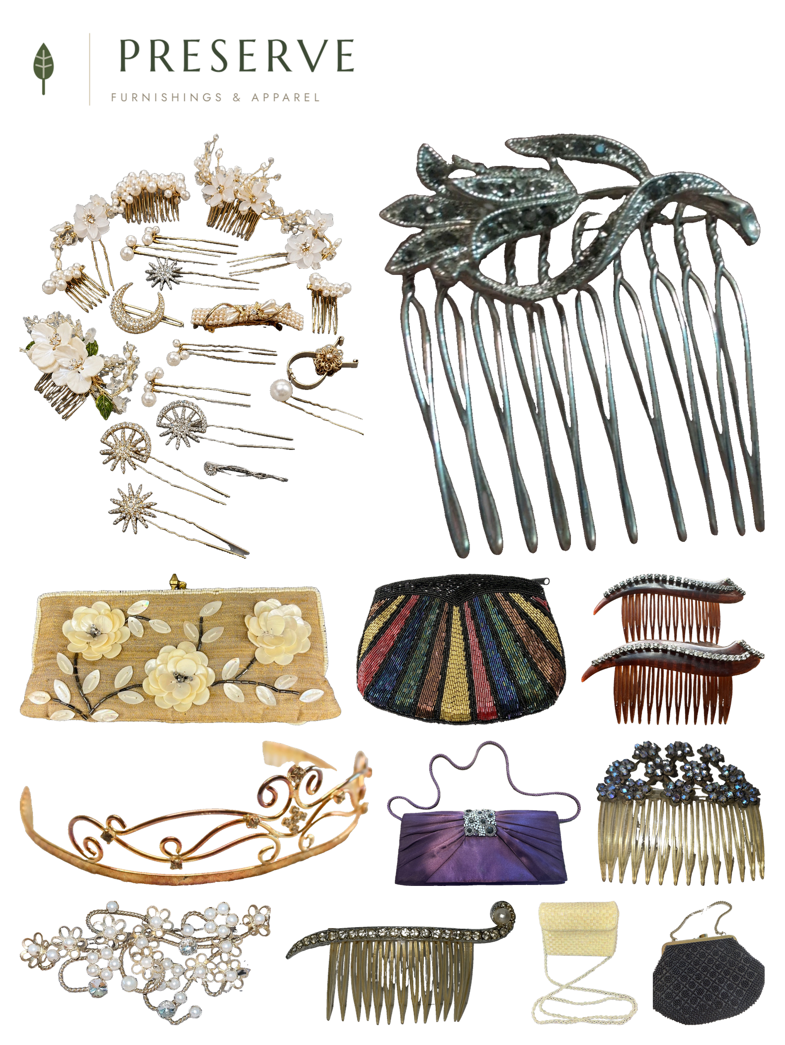 Collage of vintage wedding guest accessories on a white background: rhinestone and marcasite hair combs, a pearl and rhinestone floral hair comb, a gold tone bridal comb with a crystal scroll accent, a tortoiseshell rhinestone comb pair, an assorted lot of pearl and rhinestone bridal hair combs, pins, and clips, and beaded evening clutches in rainbow sunburst, black, iridescent white basketweave, gold floral shell, and purple jeweled-clasp styles.