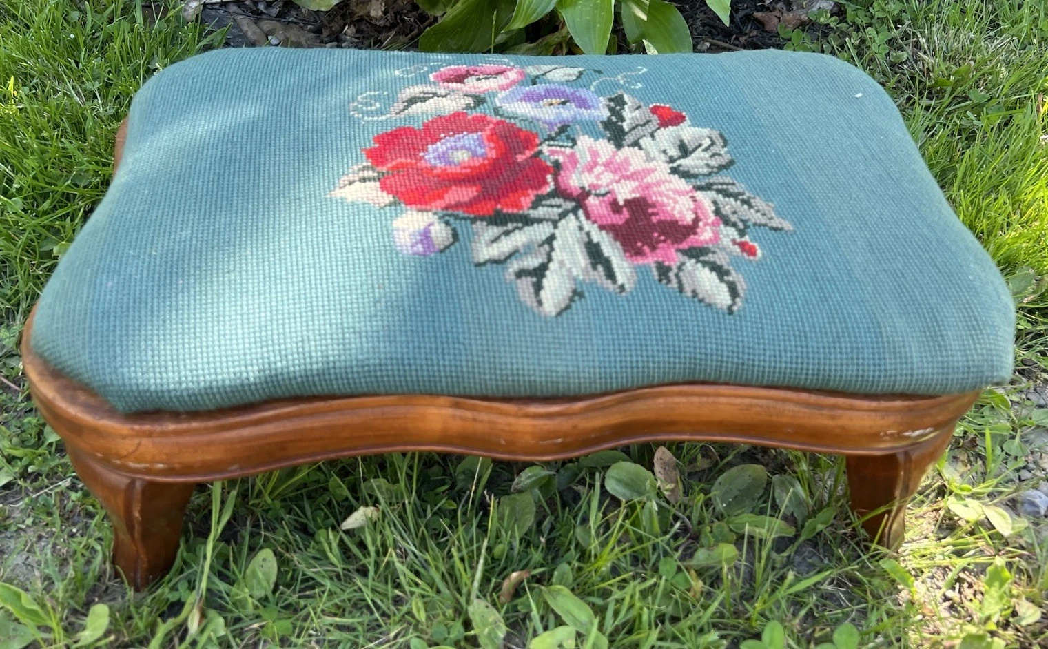 Floral Print Needlepoint Wooden Foot Stool