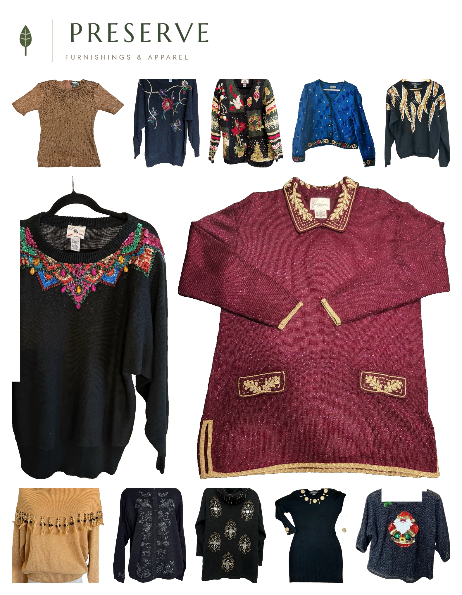 Collage of twelve embellished party sweaters on white: a bronze beaded top, a black sequin floral-bow sweater, a green Christmas cardigan, a blue beaded floral cardigan, a black sequin metallic-leaf sweater, a black sweater with jeweled neckline, a burgundy sweater with gold beaded collar, a gold fringe sweater, a black cardigan with silver beading, a black cowl-neck sweater with beaded medallions, a black bodycon dress with gold medallion trim, and a black sweater with sequin Santa design.