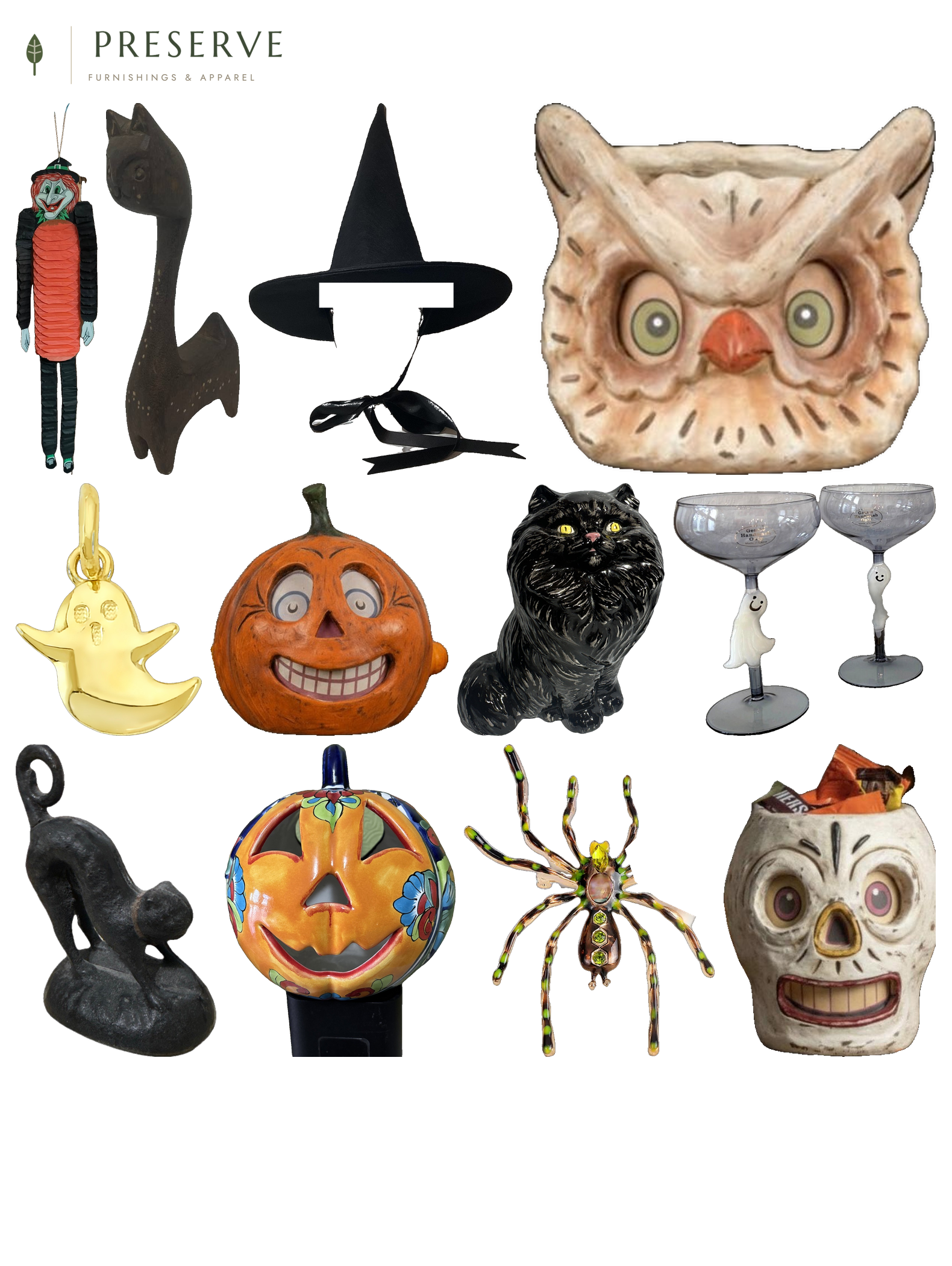 Collage of a Beistle honeycomb witch decoration, mid-century ceramic and cast iron black cats, a hand-carved wood cat, a Talavera pumpkin jack-o-lantern, Ragon House Halloween candy containers, a solid gold ghost charm, a rhinestone spider brooch, ghost coupe glasses, and a black wool felt witch hat, on a white background