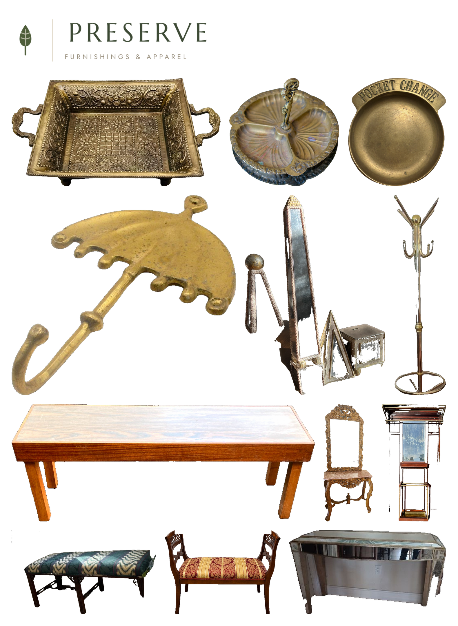 Moodboard collage of vintage entryway pieces on a white background: three brass catchall trays, a brass umbrella-shaped wall hook, a set of four mirrored Hollywood Regency obelisks, a gold brass coat rack hall tree, a walnut window bench, an antique wood hall tree with mirror and umbrella catch, a marble-top console table with ornate mirror, a teal upholstered bench, a burgundy upholstered Chippendale-style bench, and a gold mirrored console table.