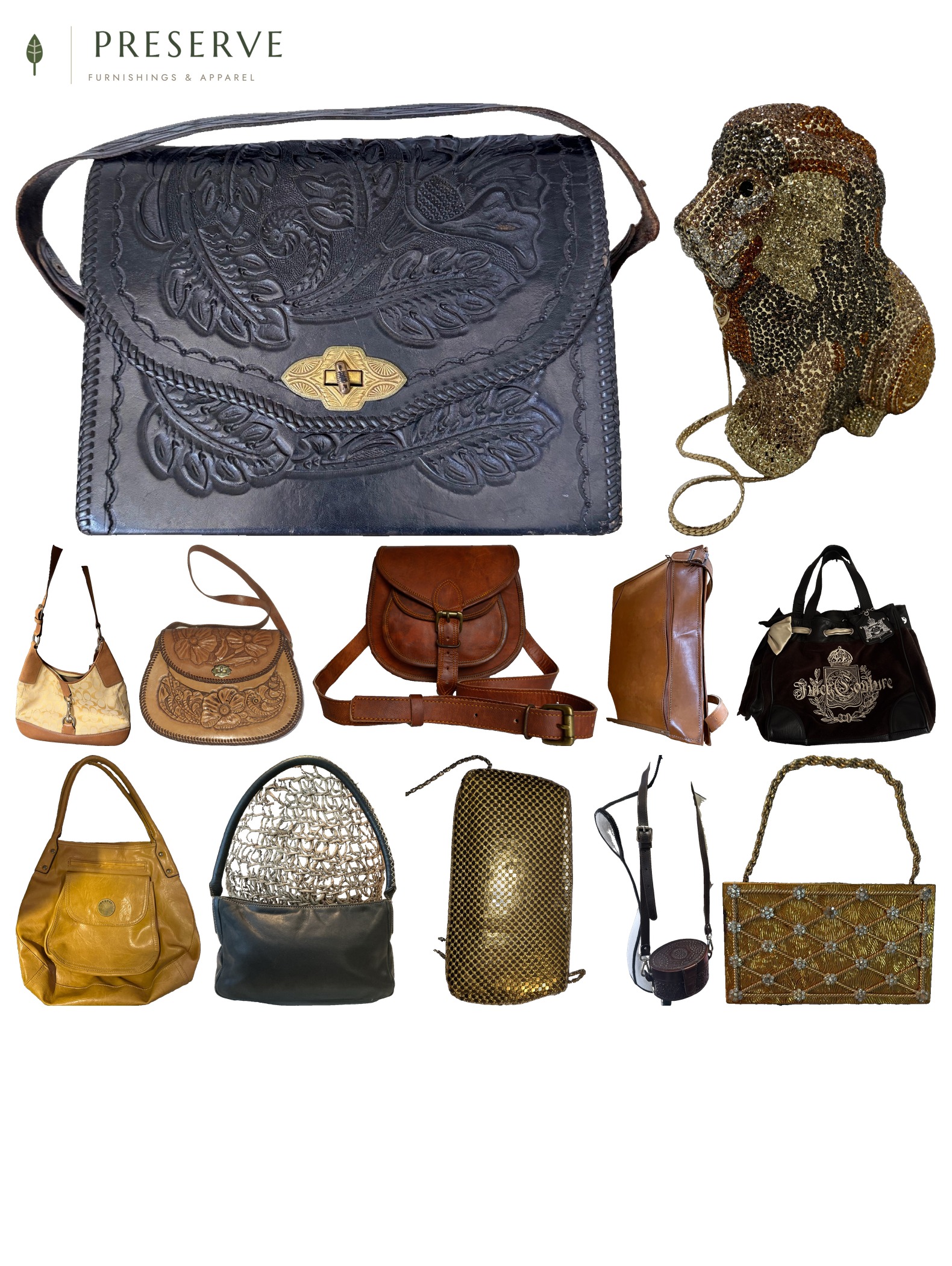 Collage of vintage handbags and clutches including a tooled leather bag, a rhinestone lion minaudiere, leather hobos, and evening clutches on a white background.