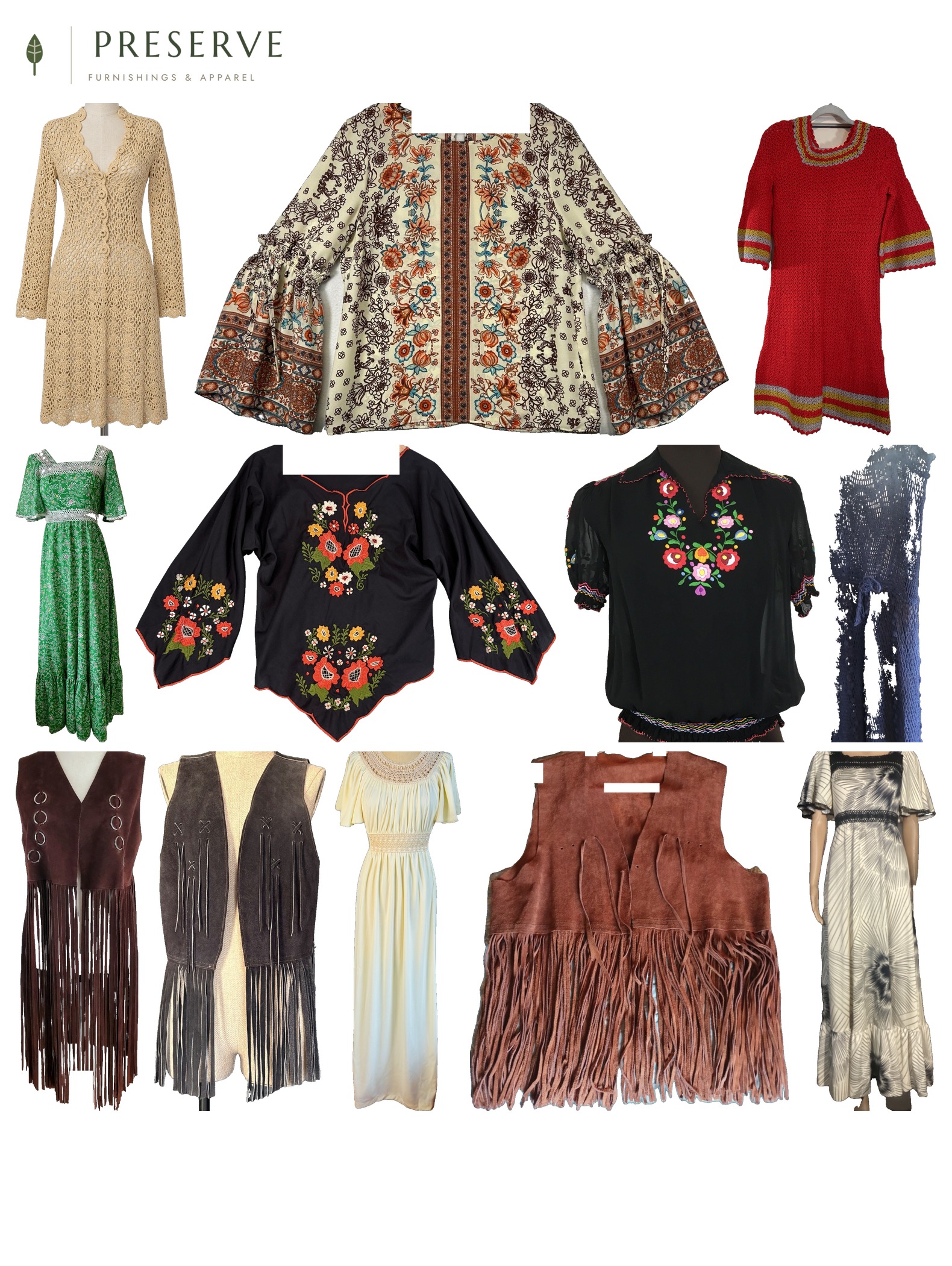 Collage of 1970s bohemian fashion including crochet maxi dresses, suede fringe vests, and embroidered peasant blouses on a white background.