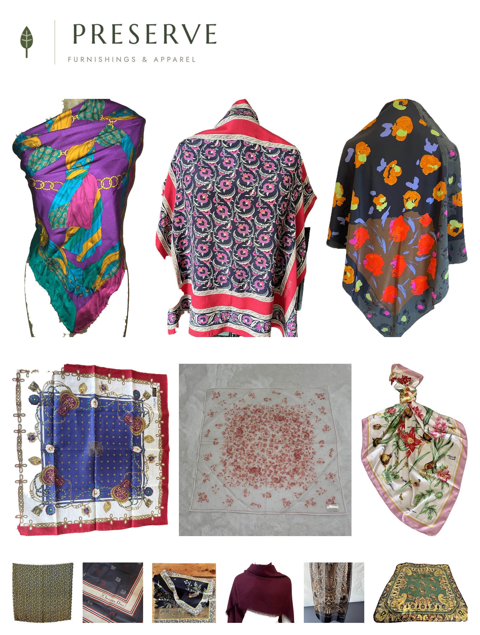 Collage of a purple chain-print scarf worn as a wrap, a red-bordered floral scarf worn as a wrap, a dark floral poncho-style scarf, a Celine rope-and-tassel print scarf, a Pierre Cardin rose-print scarf, a floral botanical scarf tied at the neck, a black-and-gold woven-print scarf, a Christian Dior trotter-logo scarf, a dark botanical scarf, a Gucci GG jacquard burgundy wrap, a brown paisley scarf, and a green paisley-bordered scarf, on a white background.