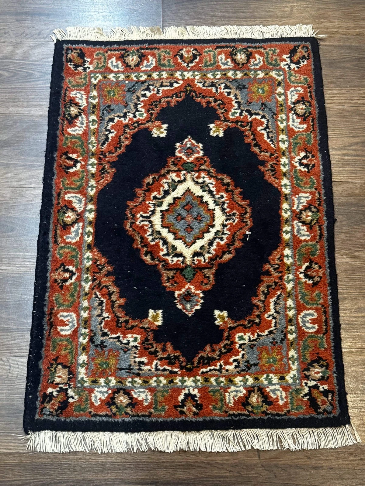 Navy Blue & Terracotta Wool Rug
