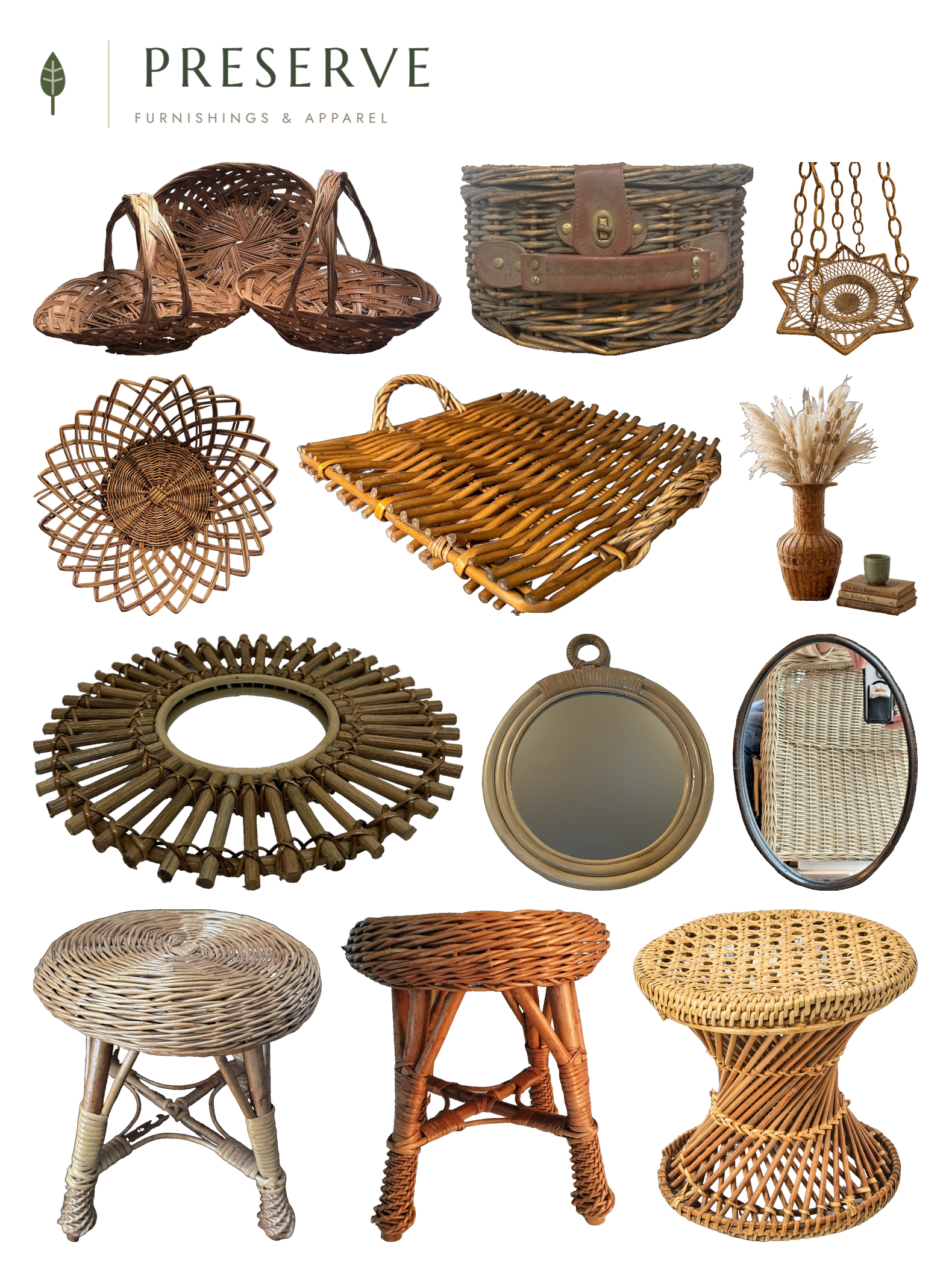 Collage of vintage rattan and wicker home decor on a white background: a set of three nesting handled baskets, a leather-strapped basket, a star-shaped hanging plant basket, a round openwork rattan serving tray, a rectangular woven serving tray with handles, a bamboo basket vase holding dried pampas grass, a rattan sunburst wall mirror, a round rattan hanging mirror, an oval wall mirror with a carved wood and wicker frame, and three wicker stools including a petite hourglass-shaped stool.