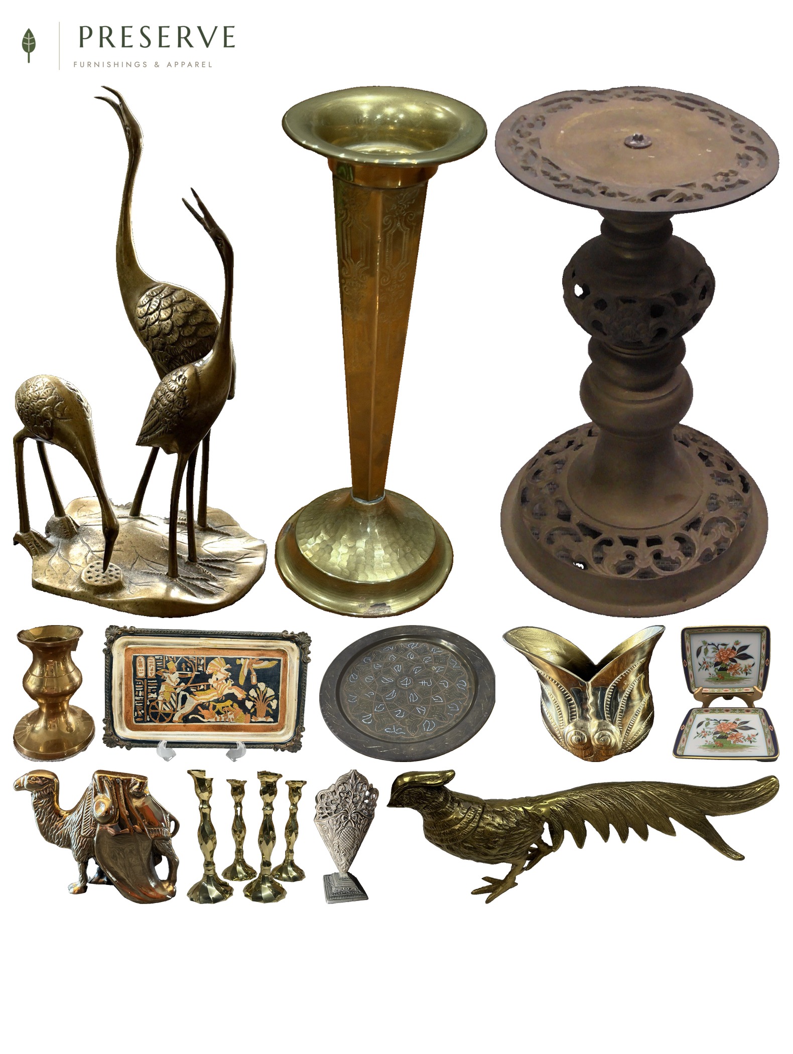 Collage of vintage brass and mixed-metal decor including brass crane sculptures, a trumpet vase, a gothic candlestick, etched trays, and a brass camel sculpture on a white background.