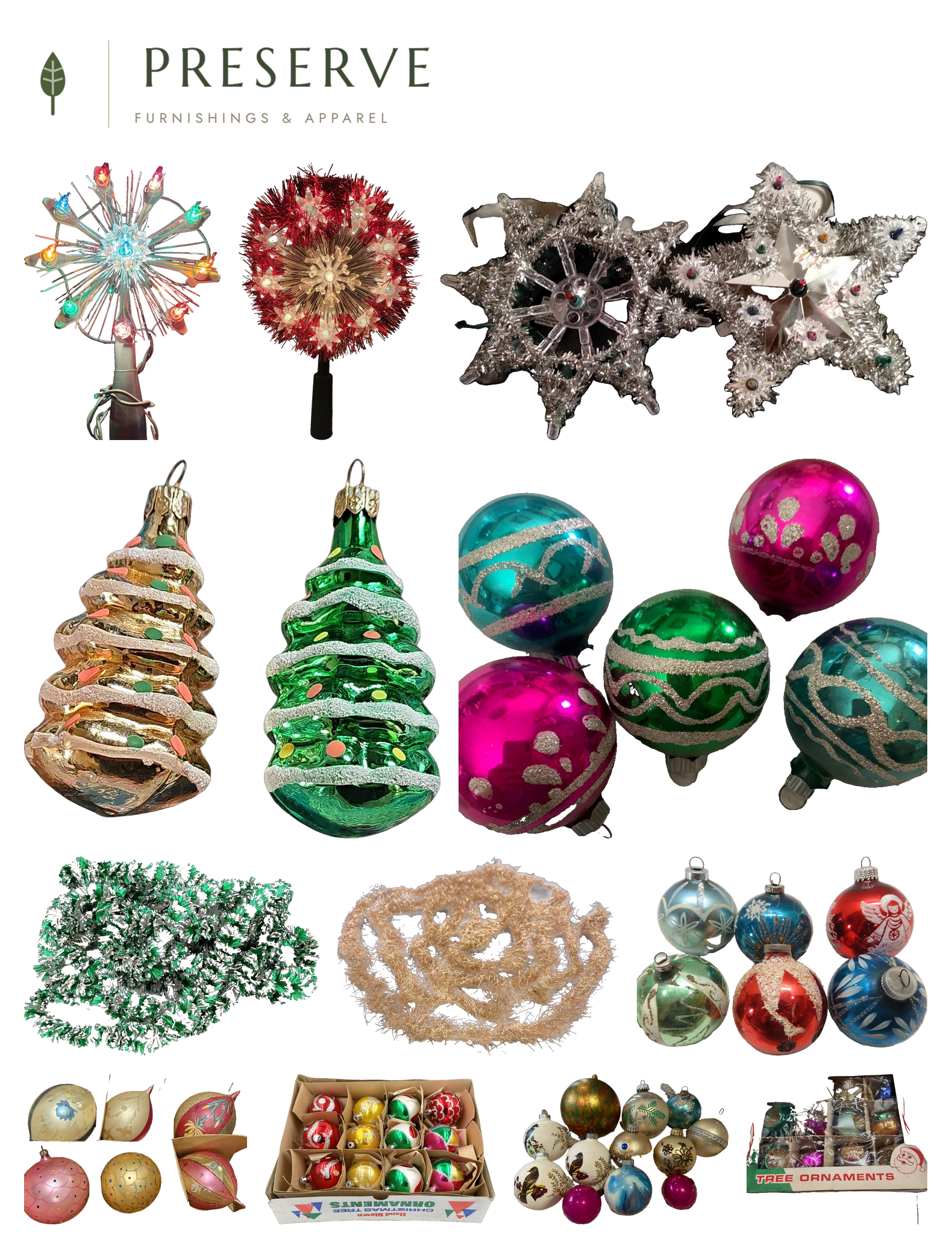 Collage of vintage Christmas tree toppers, mercury glass ball and teardrop ornaments, figural glass tree ornaments, and tinsel garland arranged on a white background.