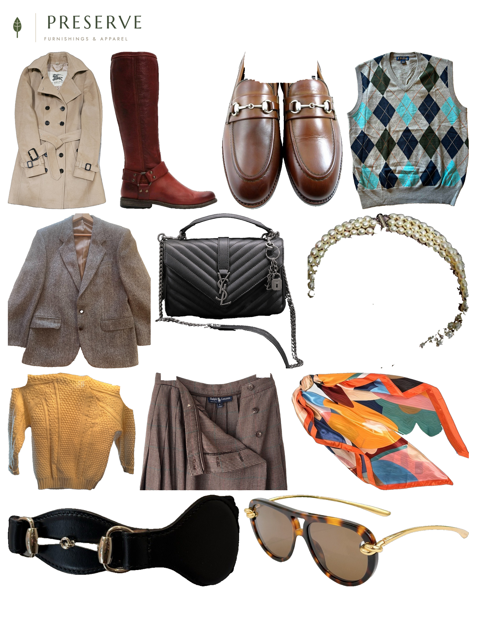 Collage of a camel trench coat, burgundy riding boots, brown leather bit loafers, an argyle sweater vest, a herringbone tweed blazer, a black quilted leather bag, a triple-strand pearl necklace, a mustard cable knit sweater, a houndstooth wool skirt, a colorful abstract silk scarf, a black horsebit belt, and tortoiseshell aviator sunglasses on a white background.
