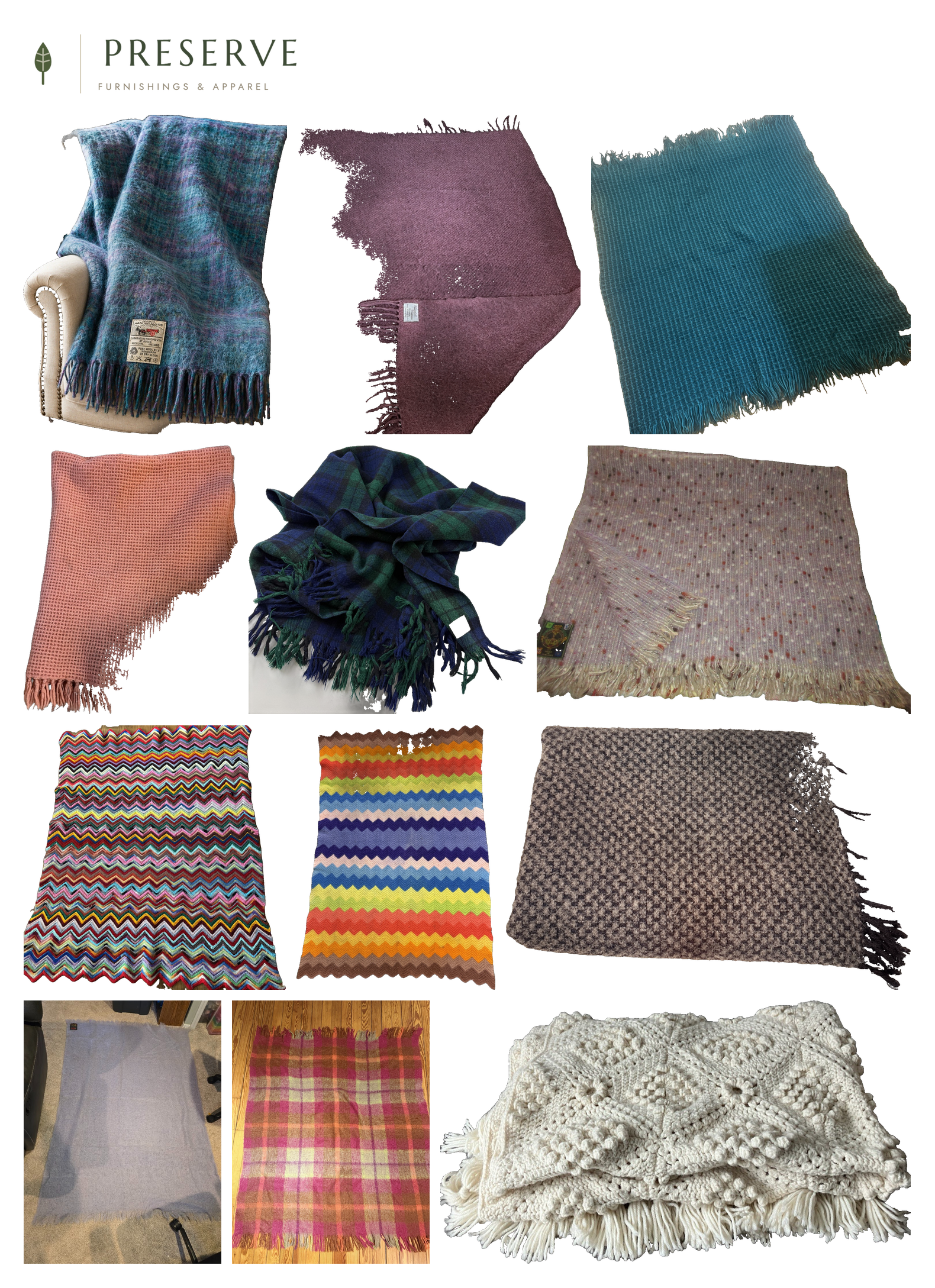 Collage of twelve secondhand throw blankets on a white background: a teal and purple wool plaid throw, a dusty rose handwoven throw, a teal waffle-knit fringed throw, a peach waffle-knit fringed throw, a navy and green plaid wool throw, a cream dotted wool throw, two colorful zigzag chevron crochet afghans, a brown houndstooth-weave wool throw, a light blue-gray wool throw, a pink and tan plaid wool throw, and a cream bobble-stitch hand-crocheted throw.