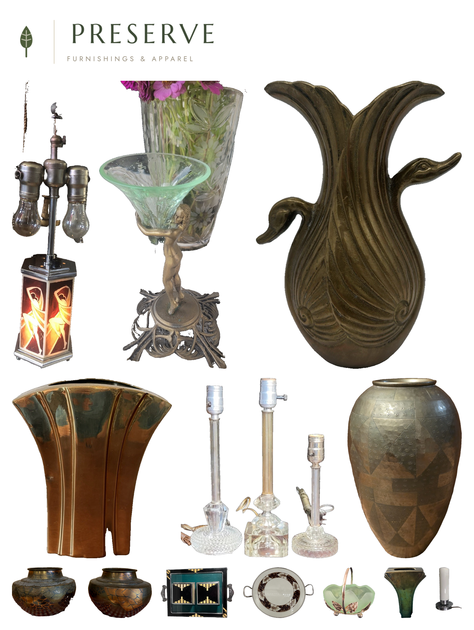 Moodboard collage of Art Deco home accents on a white background: a brass double-swan vase, a chrome flapper lady lamp, an Art Nouveau brass woman vase, a hammered brass geometric vase, streamline glass candlestick lamps, a chrome and glass serving tray, a silver-trimmed glass tray, a satin green glass posey basket, a pair of copper geometric vases, and a chrome glass table lamp.