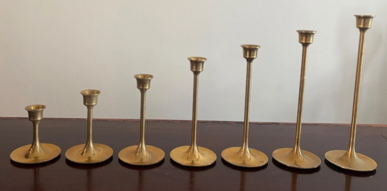 Vintage MCM Graduated Brass Candlestick Holders Set of 7