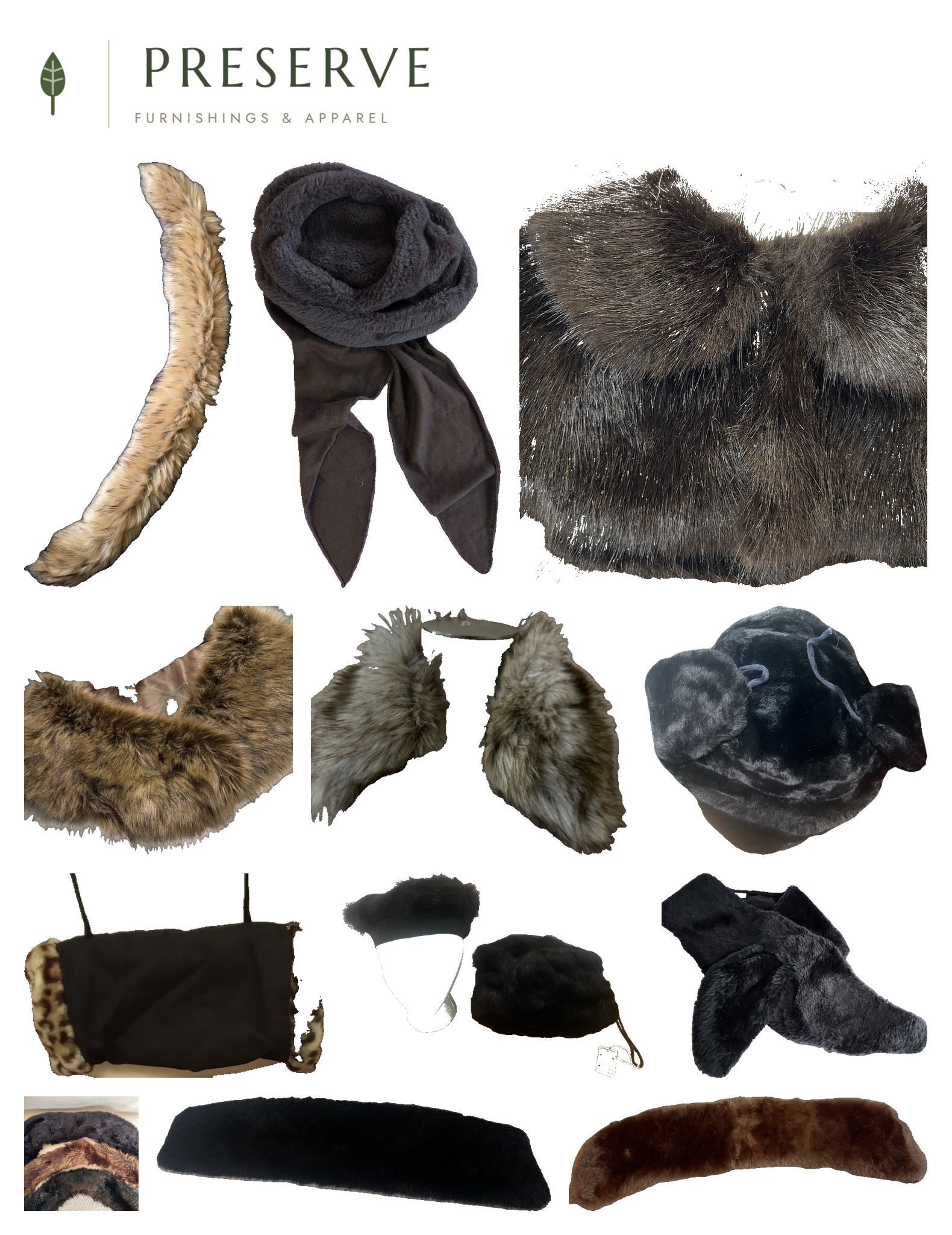 Collage of faux fur winter accessories on a white background: a tan fur boa strip, a brown scarf and hat set, a 1930s-era black stole collar, a round fur collar stole, a grey evening wrap collar, a black fur hat with ear muffs, a black leopard-trimmed muff, a faux mink beret and muff set, a black fur collar scarf, a set of three fur collar wraps, a black satin-lined stole, and a brown detachable coat collar.