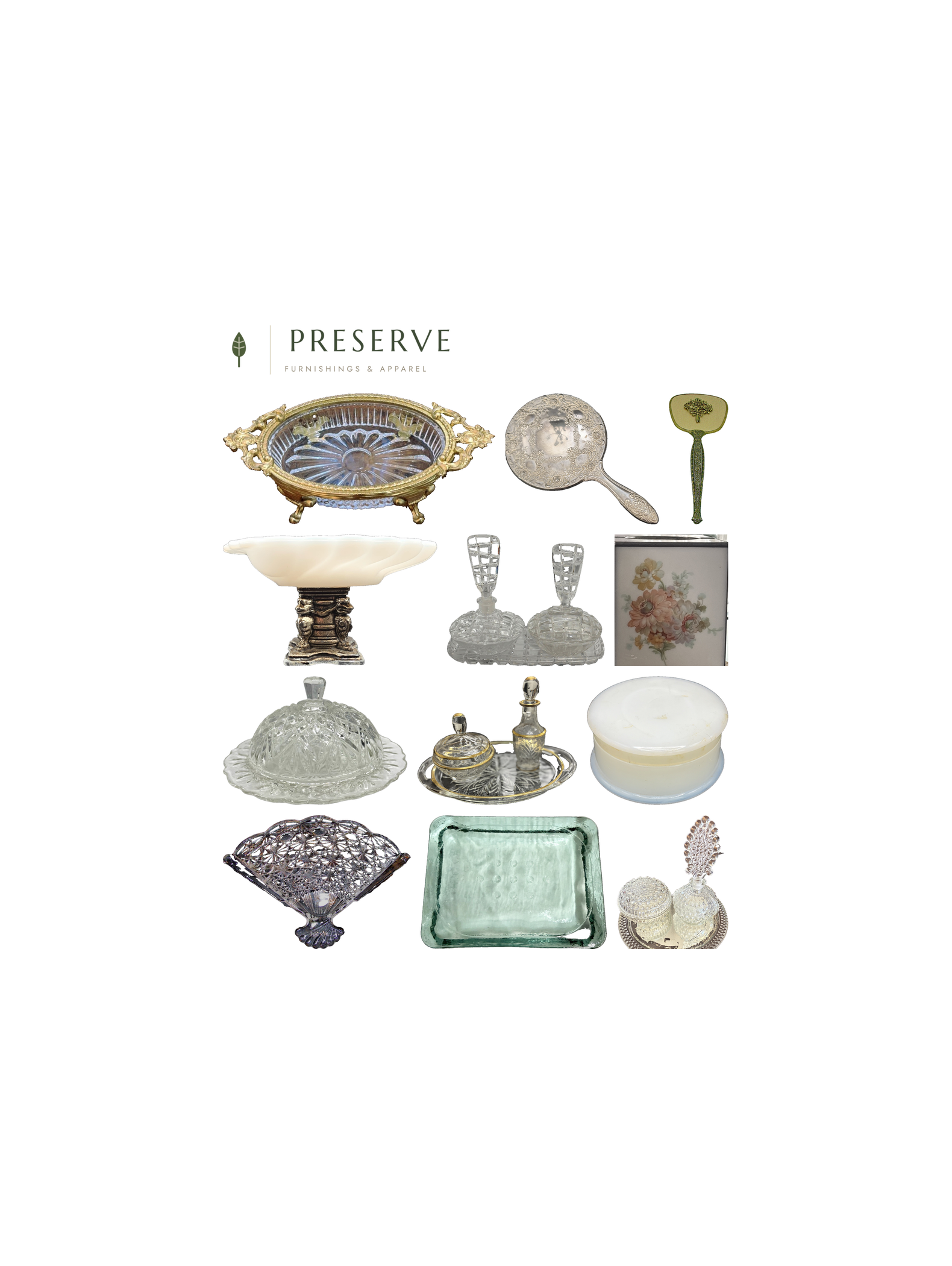 Collage of a brass and crystal vanity tray, Matson silver-handled mirror and brush set, cut crystal vanity set, hobnail vanity set, seashell soap dish, pressed glass soap dish, hazel atlas powder jar, silvertone vanity set, avon presscut tray, perfume dresser set, aqua glass soap dish, and stained glass tissue box on a white background.